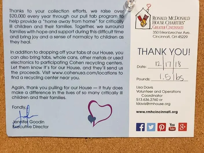 A thank you letter to Casco from the Ronald McDonald House.